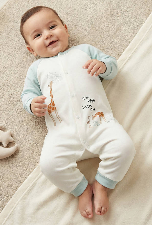 Juniors Cotton Round Neck Long Sleeve Sleepsuit with Giraffe Print