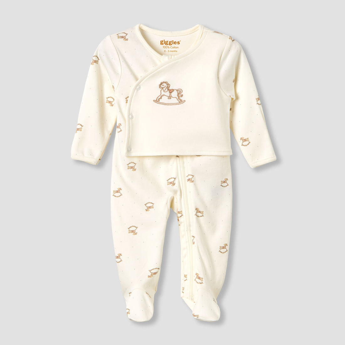Giggles Cotton Round Neck Long Sleeves Sleepsuit with Rocking Horse Print - Cream / 9-12 mths