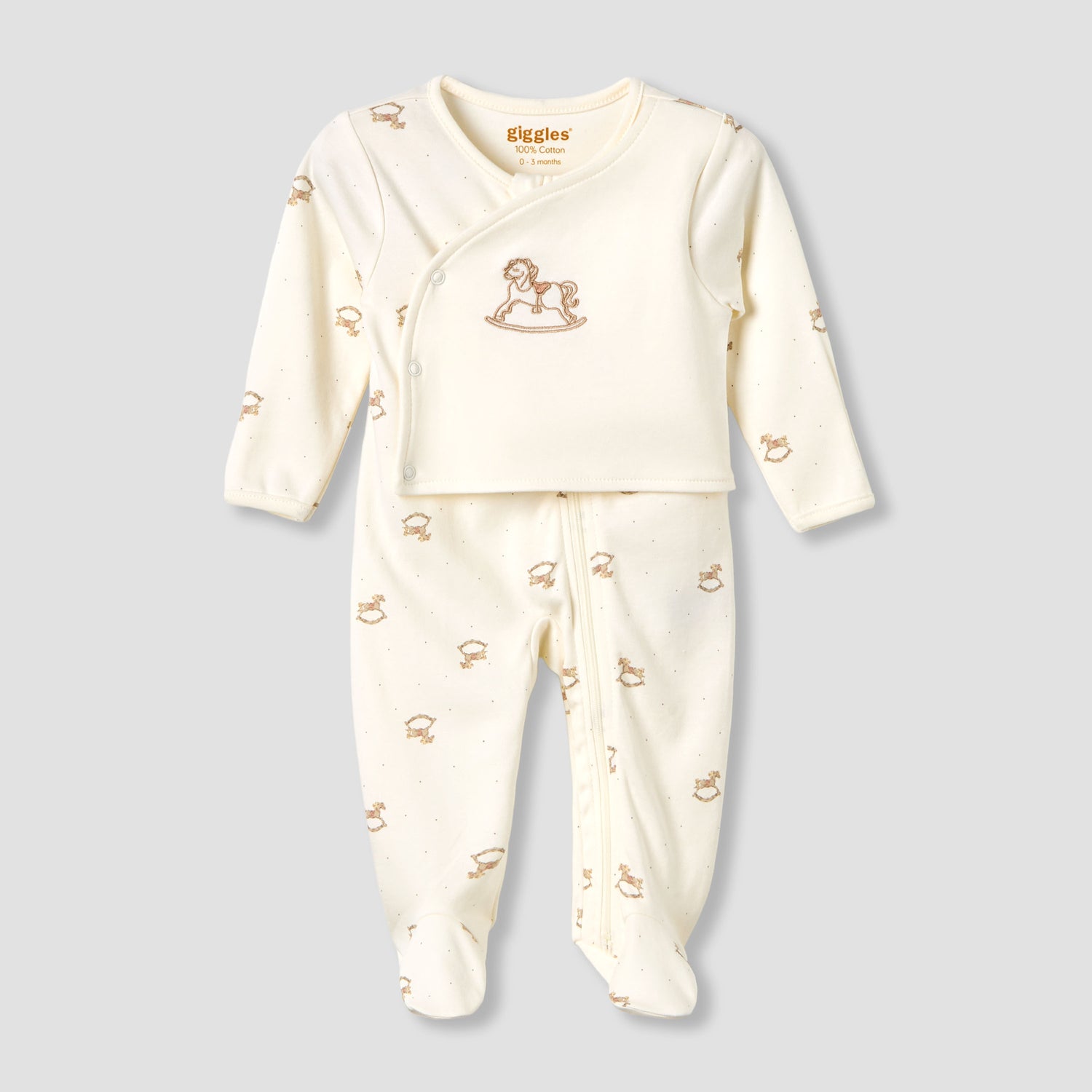 Giggles Cotton Round Neck Long Sleeves Sleepsuit with Rocking Horse Print - Cream / 9-12 mths