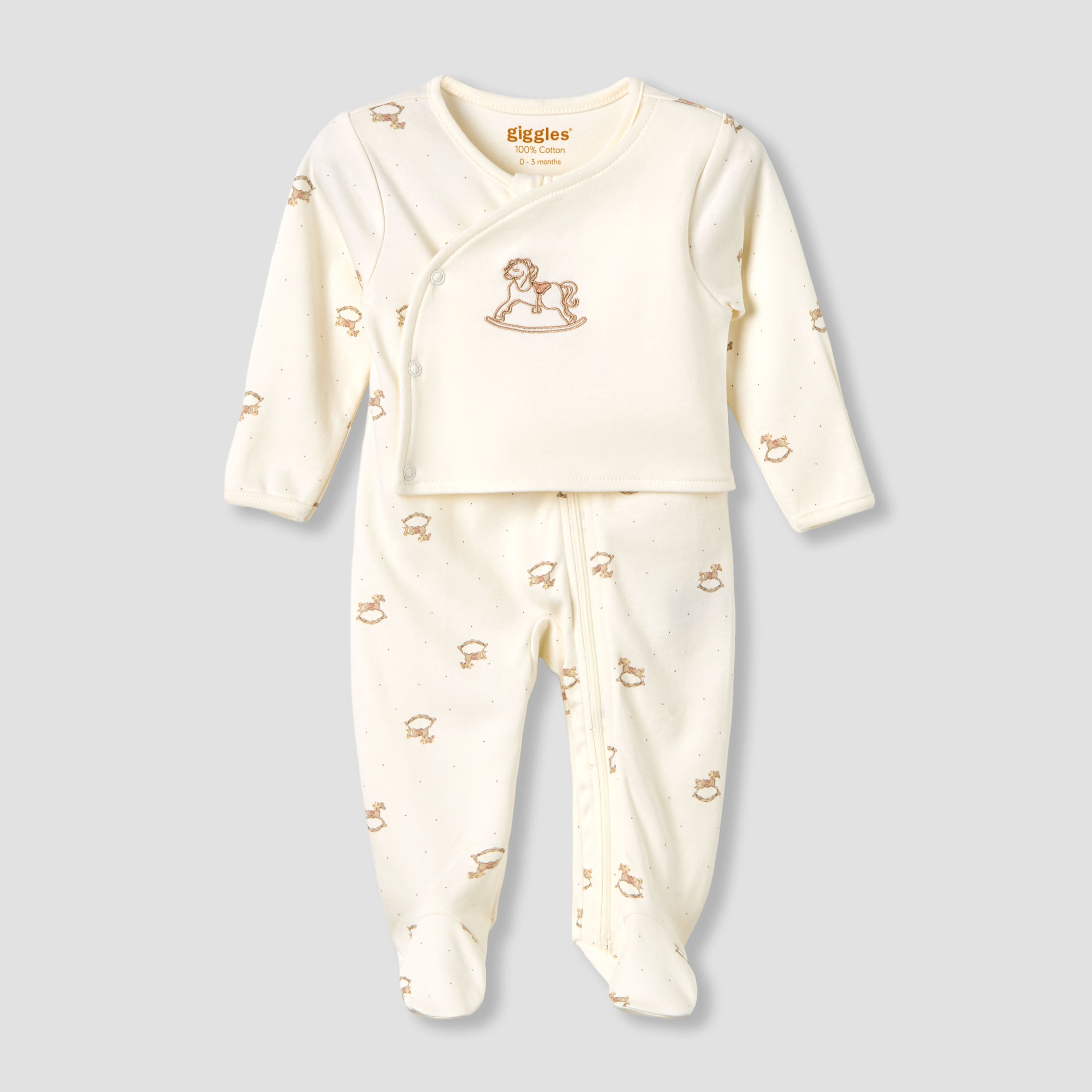 Giggles Cotton Round Neck Long Sleeves Sleepsuit with Rocking Horse Print - Cream / 9-12 mths