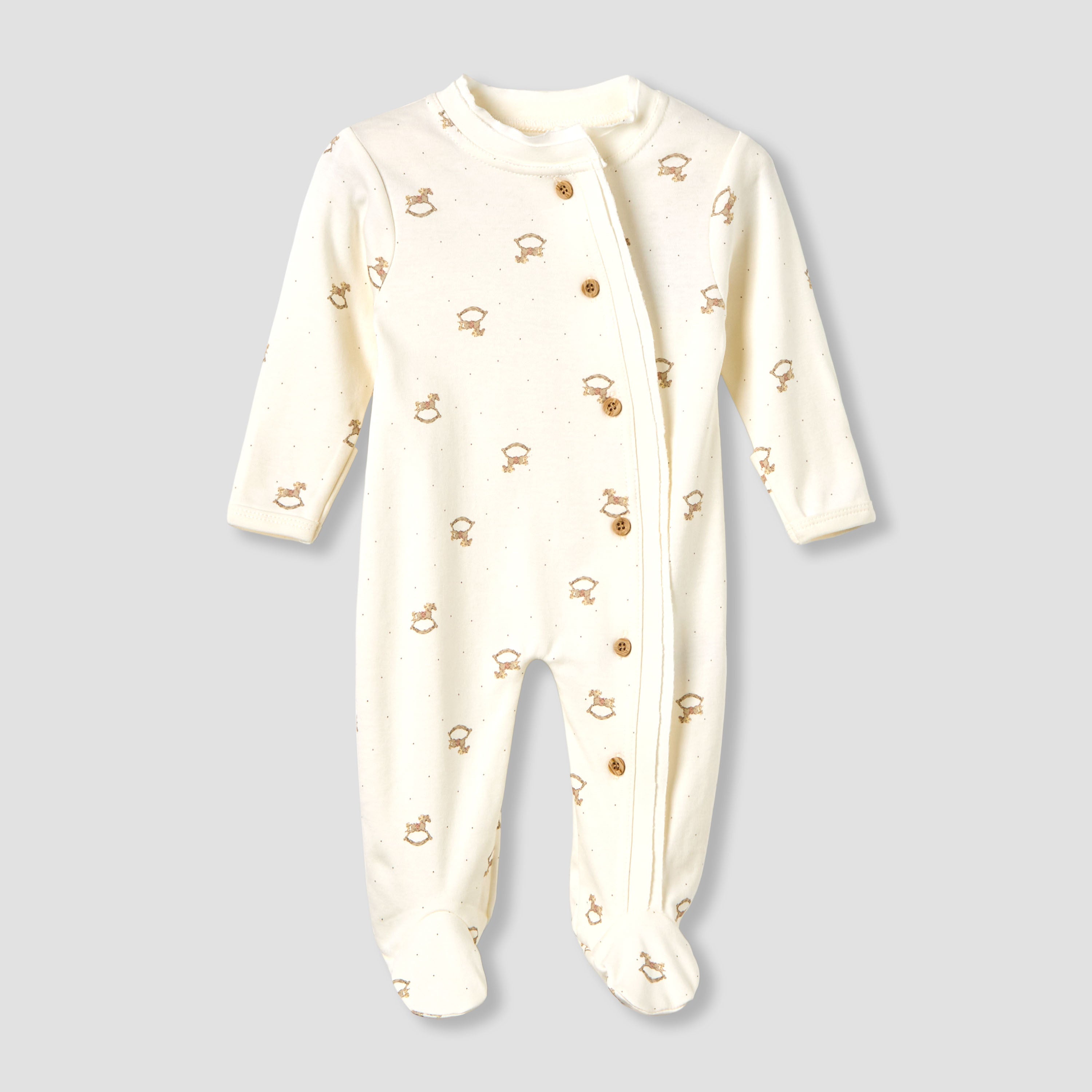 Giggles Cotton Round Neck Long Sleeves Sleepsuit with Rocking Horse Print - Cream / 9-12 mths