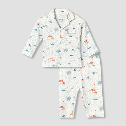 Juniors Cotton Collared Long Sleeve Pyjama Set with Animal Print