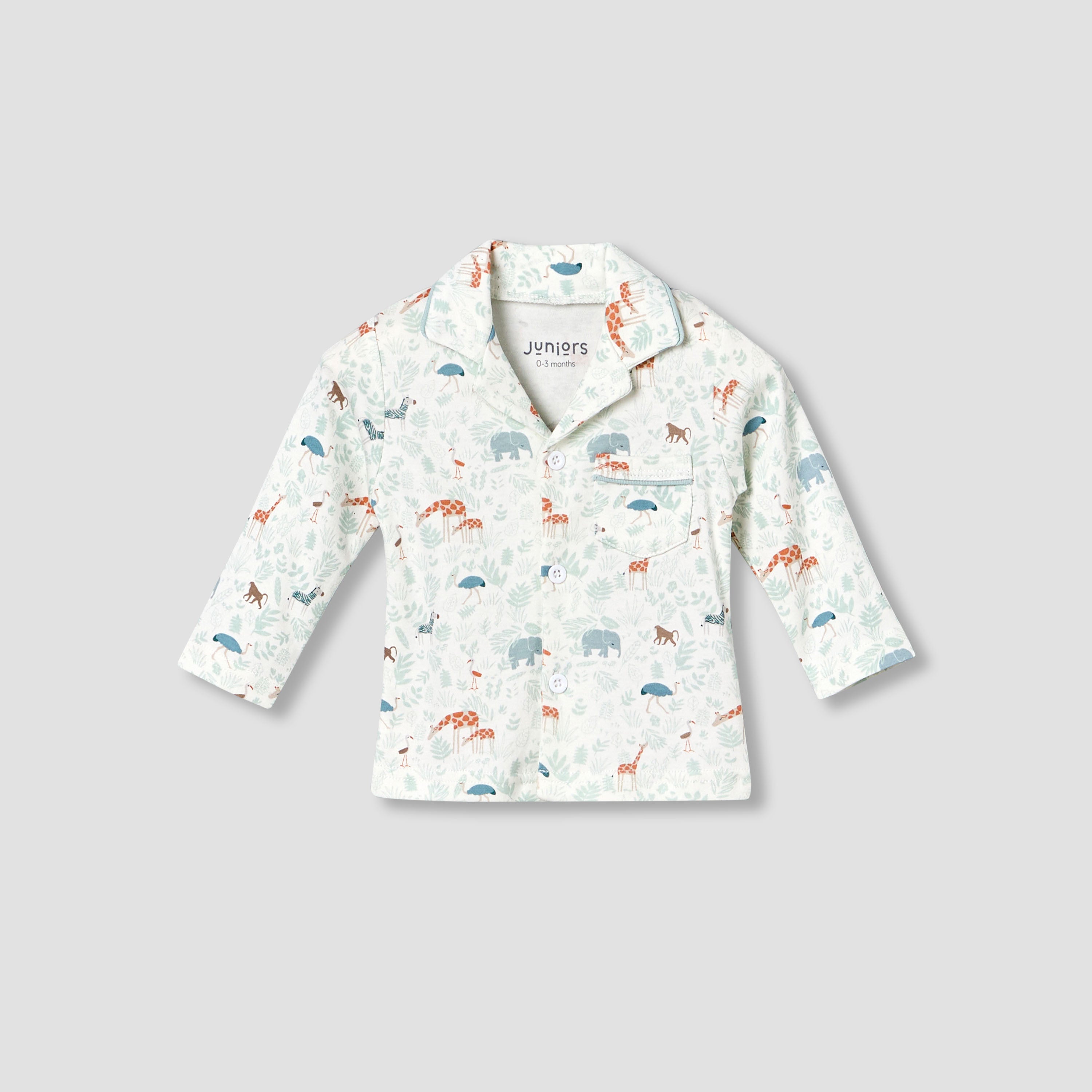 Juniors Cotton Collared Long Sleeve Pyjama Set with Animal Print