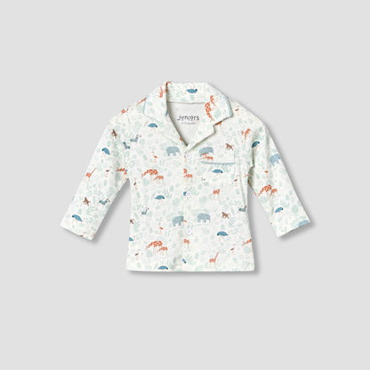 Juniors Cotton Collared Long Sleeve Pyjama Set with Animal Print