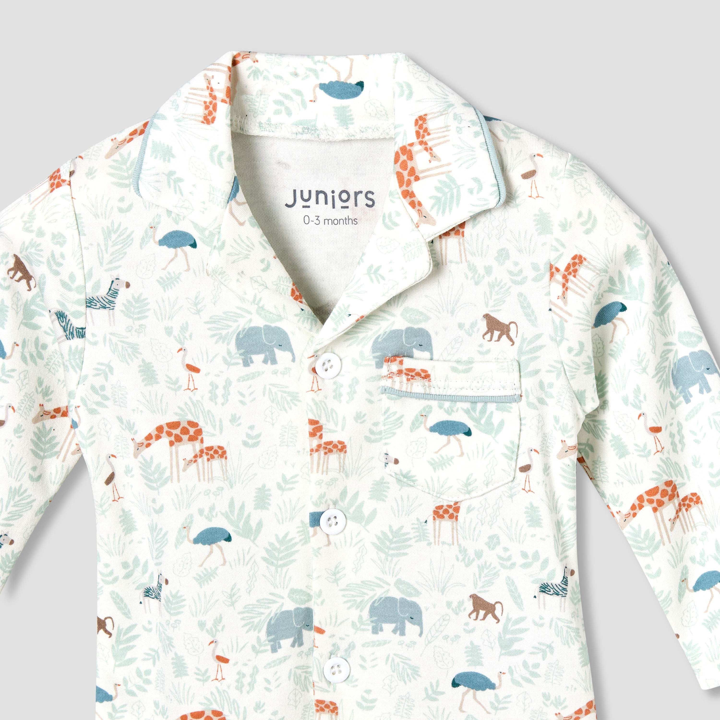 Juniors Cotton Collared Long Sleeve Pyjama Set with Animal Print