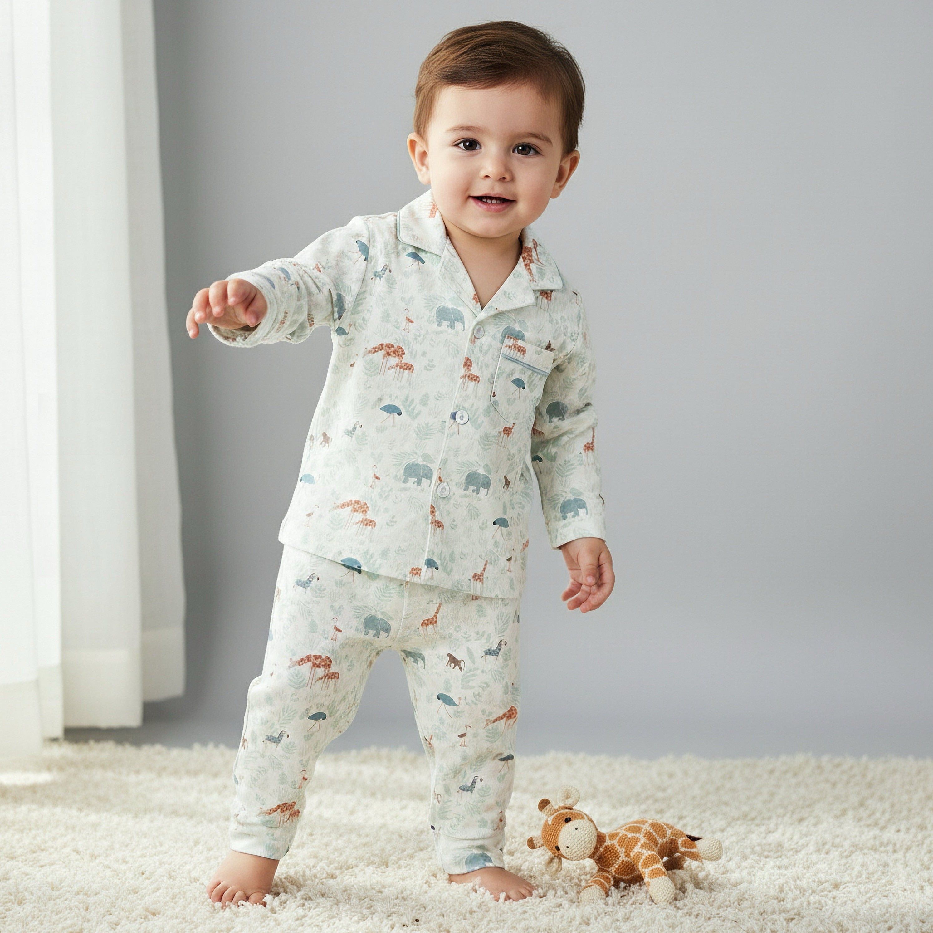 Juniors Cotton Collared Long Sleeve Pyjama Set with Animal Print