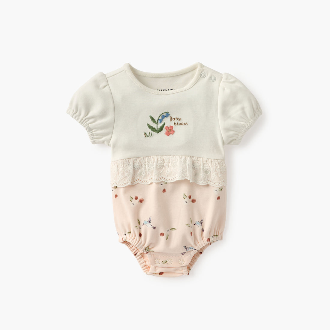 Juniors Embroidered Romper with Puff Sleeves and Lace Detail - Pink / 12-18 mths