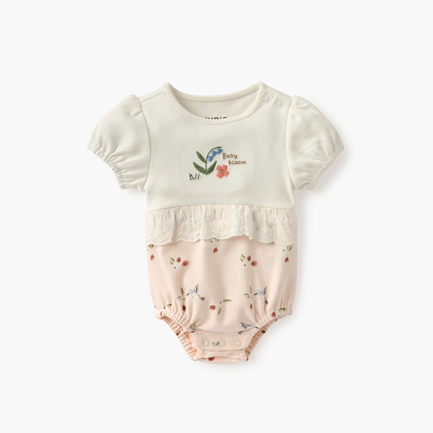 Juniors Embroidered Romper with Puff Sleeves and Lace Detail - Pink / 12-18 mths