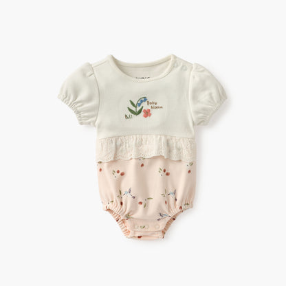 Juniors Embroidered Romper with Puff Sleeves and Lace Detail - Pink / 12-18 mths