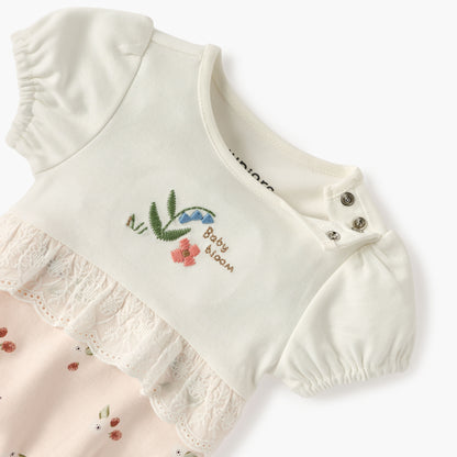 Juniors Embroidered Romper with Puff Sleeves and Lace Detail