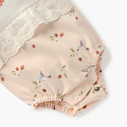 Juniors Embroidered Romper with Puff Sleeves and Lace Detail
