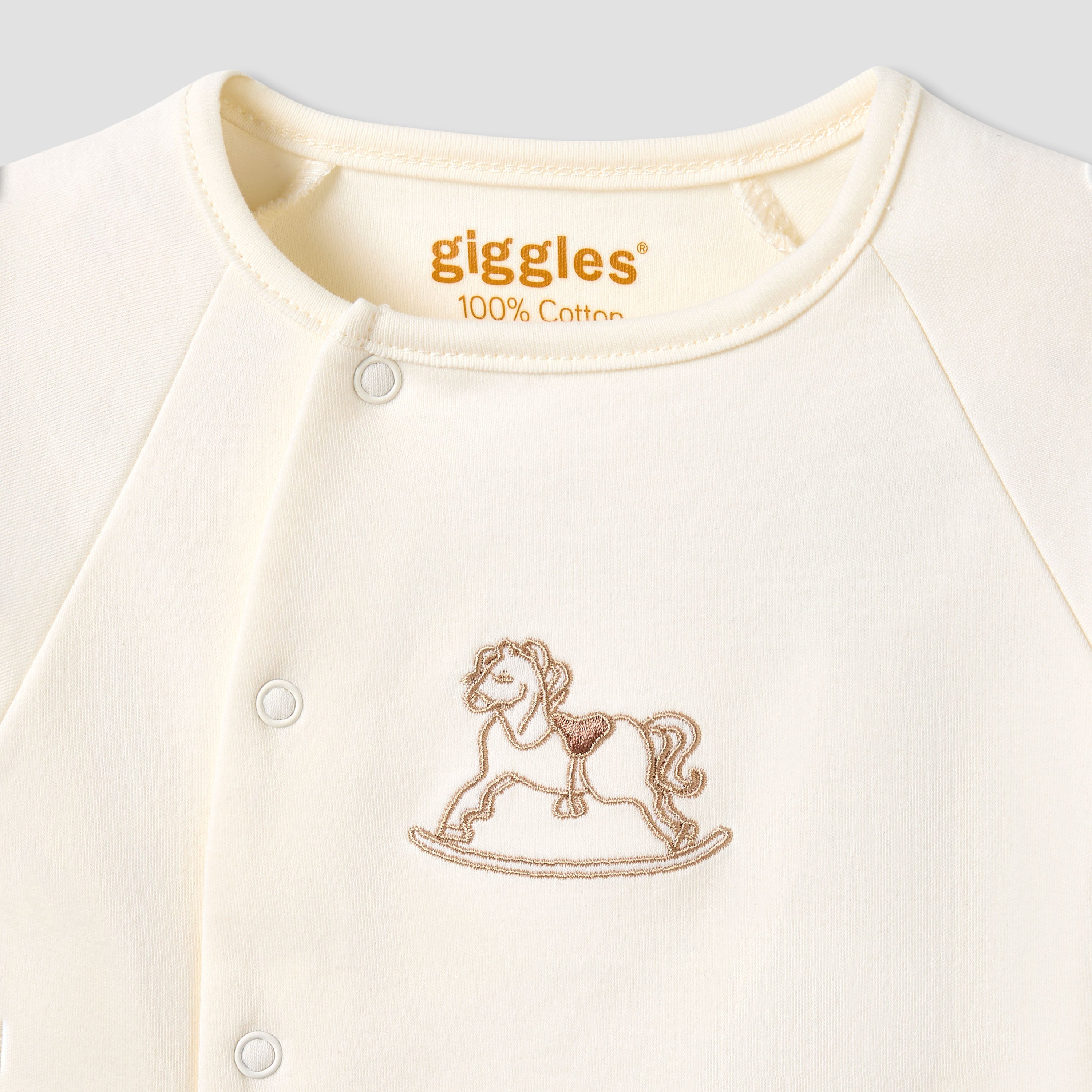 Giggles Cotton Round Neck Long Sleeves Pyjama Set with Rocking Horse Embroidery