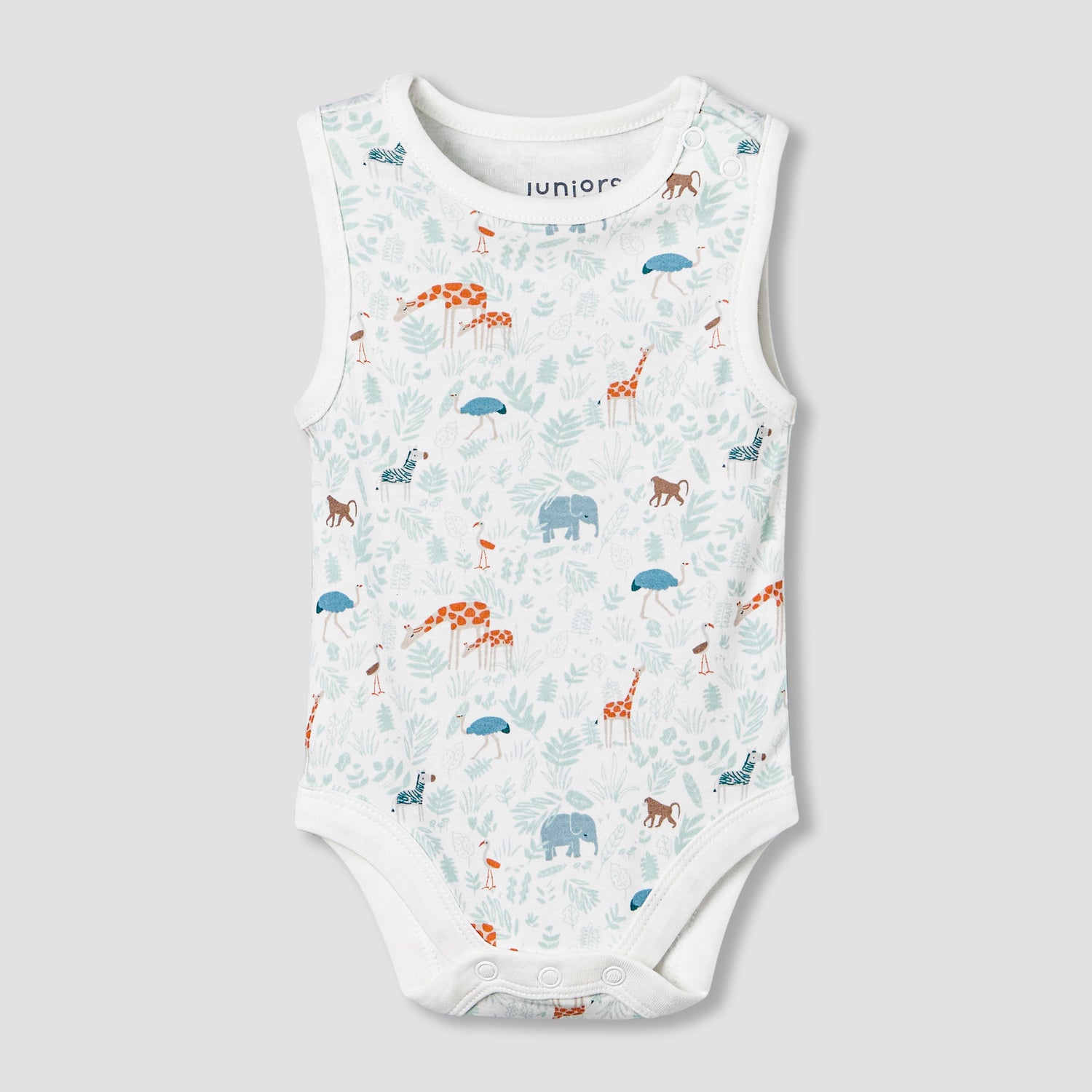 Juniors Round Neck Sleeveless Bodysuit with Safari Print - White / 12-18 mths