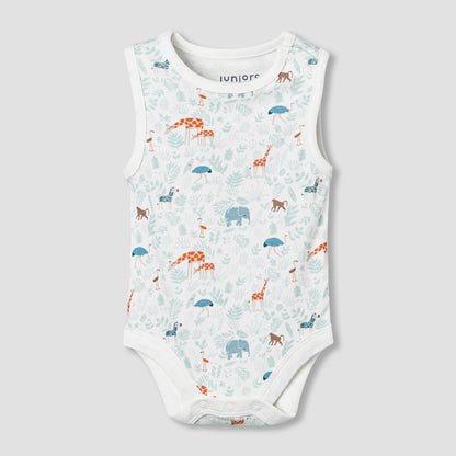 Juniors Round Neck Sleeveless Bodysuit with Safari Print - White / 12-18 mths