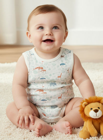 Juniors Round Neck Sleeveless Bodysuit with Safari Print-baby-boys-clothing-bodysuits-image-1