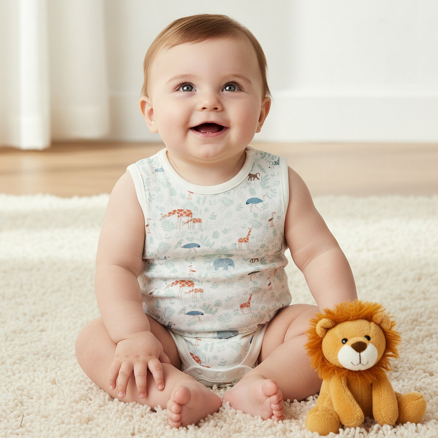 Juniors Round Neck Sleeveless Bodysuit with Safari Print - White / 12-18 mths
