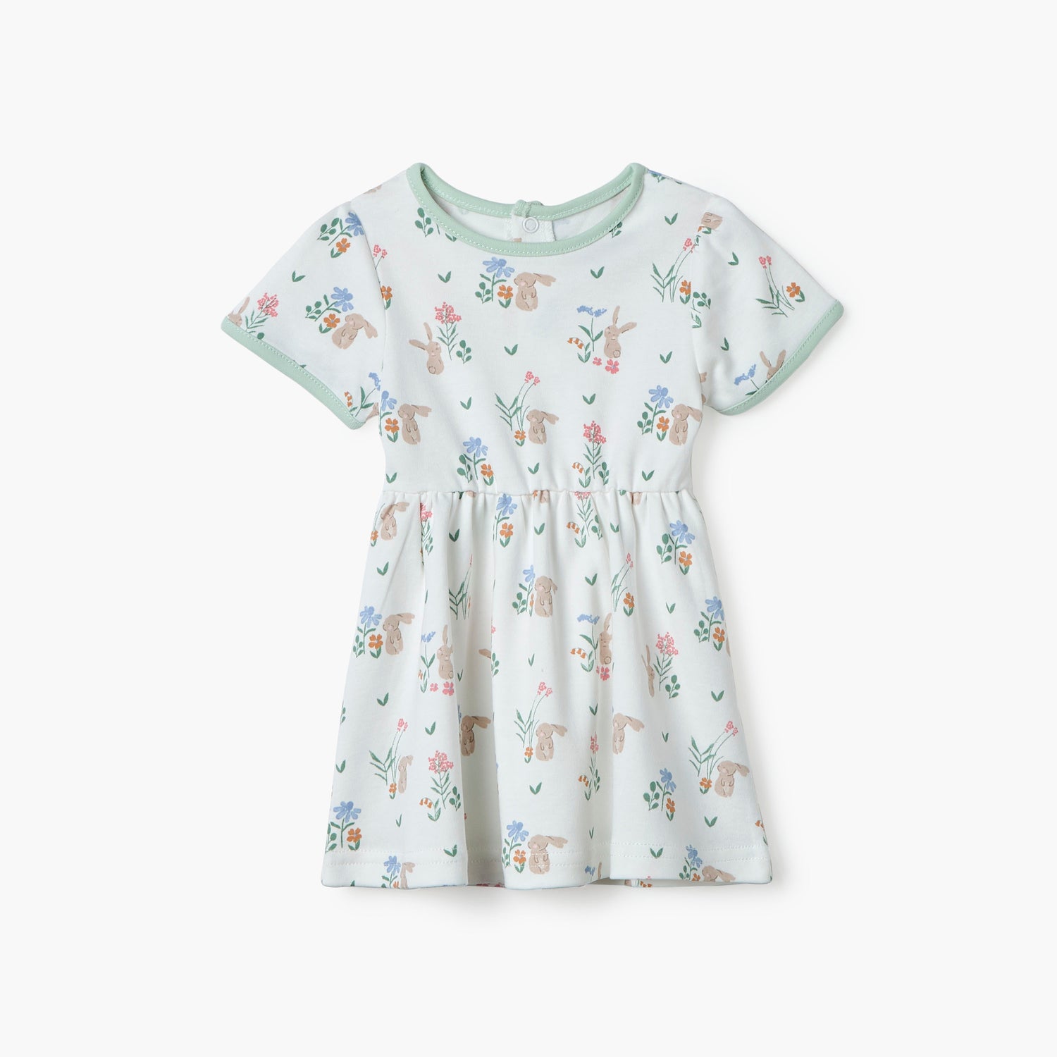 Juniors Bunny Print A-line Dress with Round Neck and Short Sleeves - White / 12-18 mths