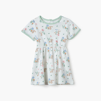 Juniors Bunny Print A-line Dress with Round Neck and Short Sleeves - White / 12-18 mths