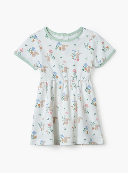 Juniors Bunny Print A-line Dress with Round Neck and Short Sleeves-baby-girls-clothing-dressesandjumpsuits-image-1