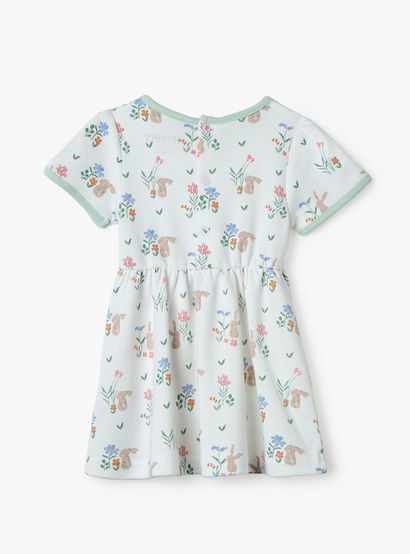 Juniors Bunny Print A-line Dress with Round Neck and Short Sleeves-baby-girls-clothing-dressesandjumpsuits-image-2