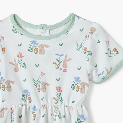 Juniors Bunny Print A-line Dress with Round Neck and Short Sleeves
