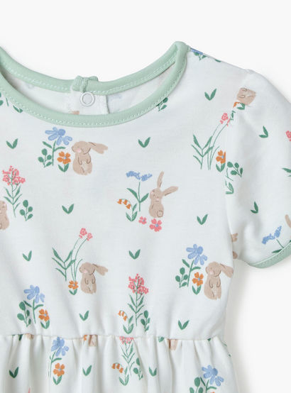 Juniors Bunny Print A-line Dress with Round Neck and Short Sleeves-baby-girls-clothing-dressesandjumpsuits-image-3