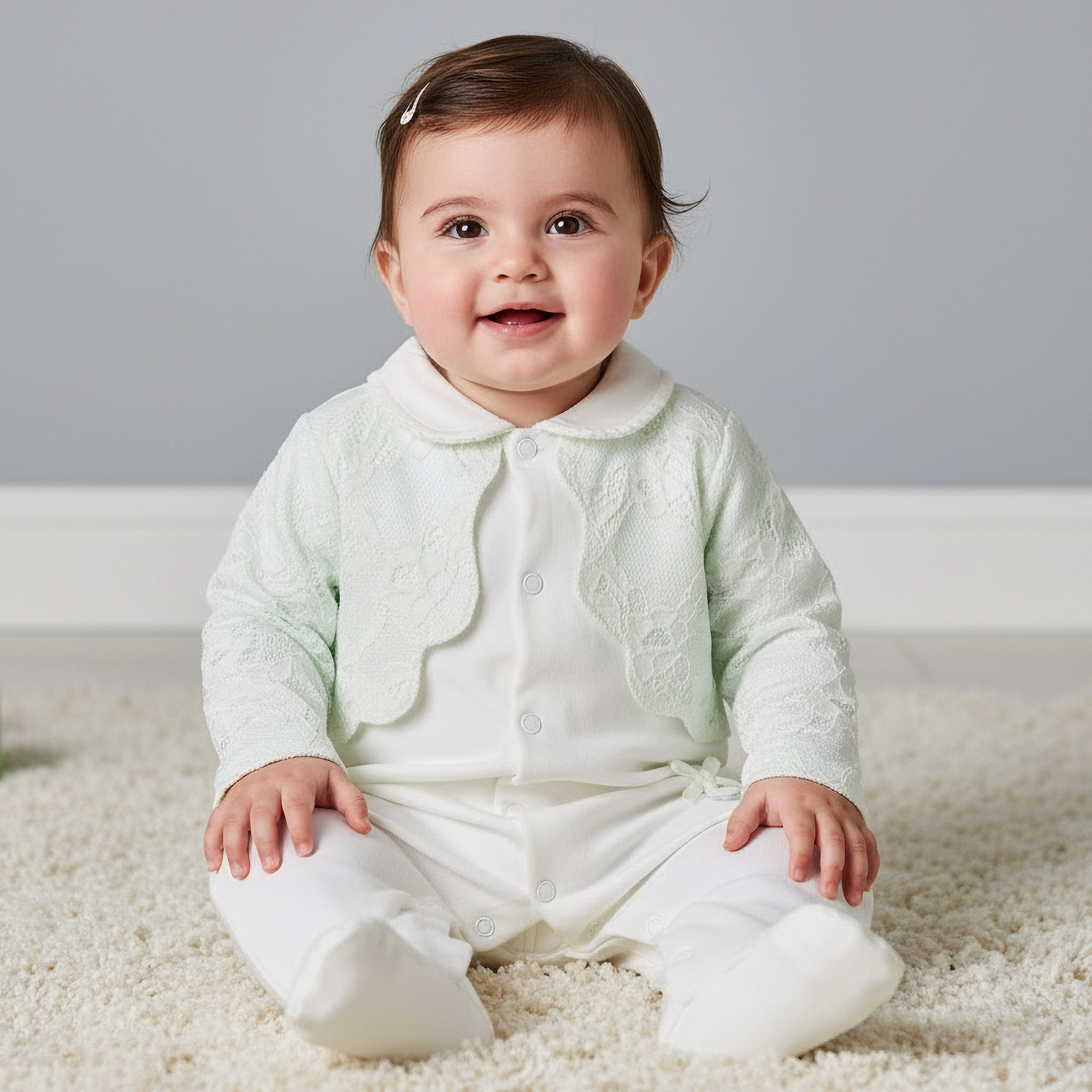 Giggles Cotton Collared Long Sleeves Sleepsuit with Lace Detail - Green / 9-12 mths