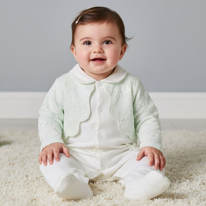 Giggles Cotton Collared Long Sleeves Sleepsuit with Lace Detail - Green / 9-12 mths