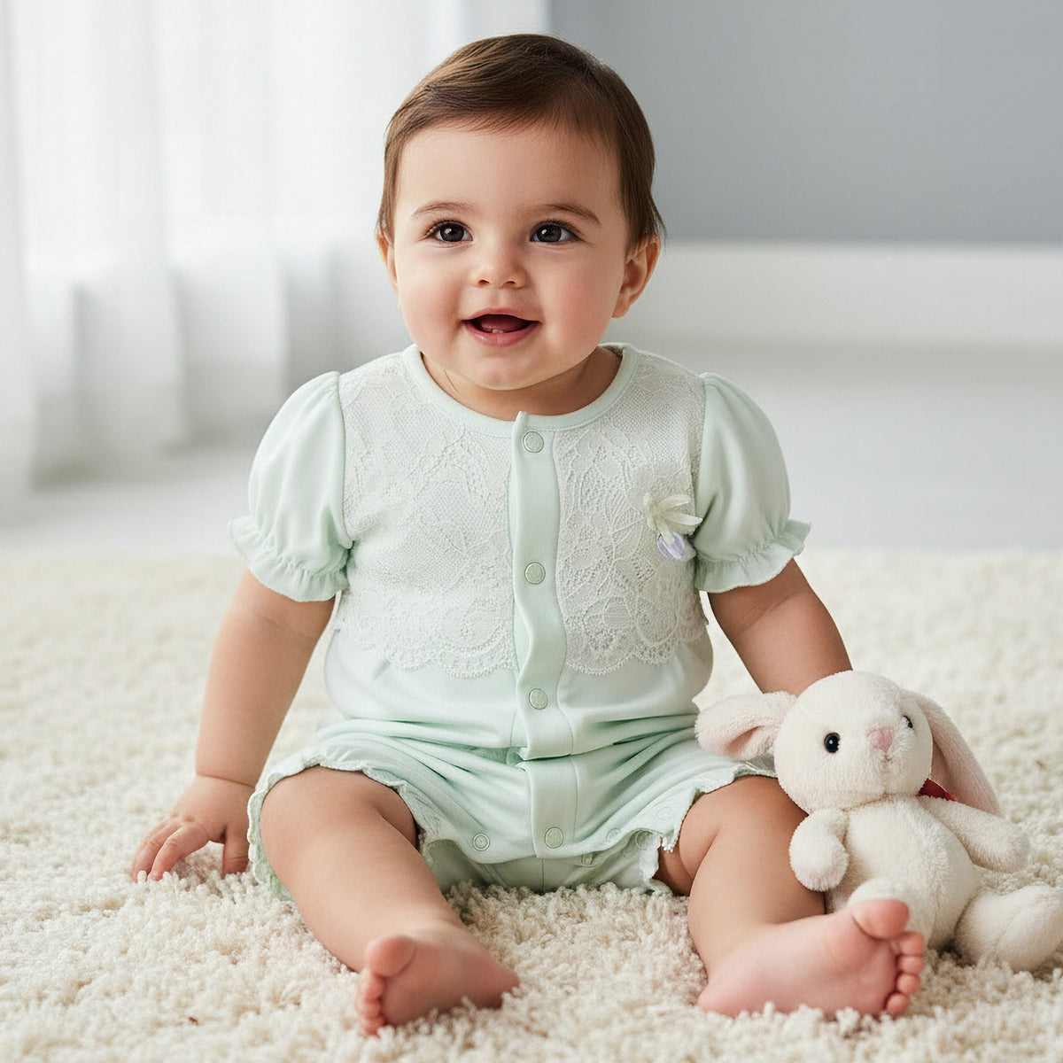 Giggles Round Neck Short Sleeves Romper with Lace Detail