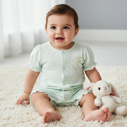 Giggles Round Neck Short Sleeves Romper with Lace Detail
