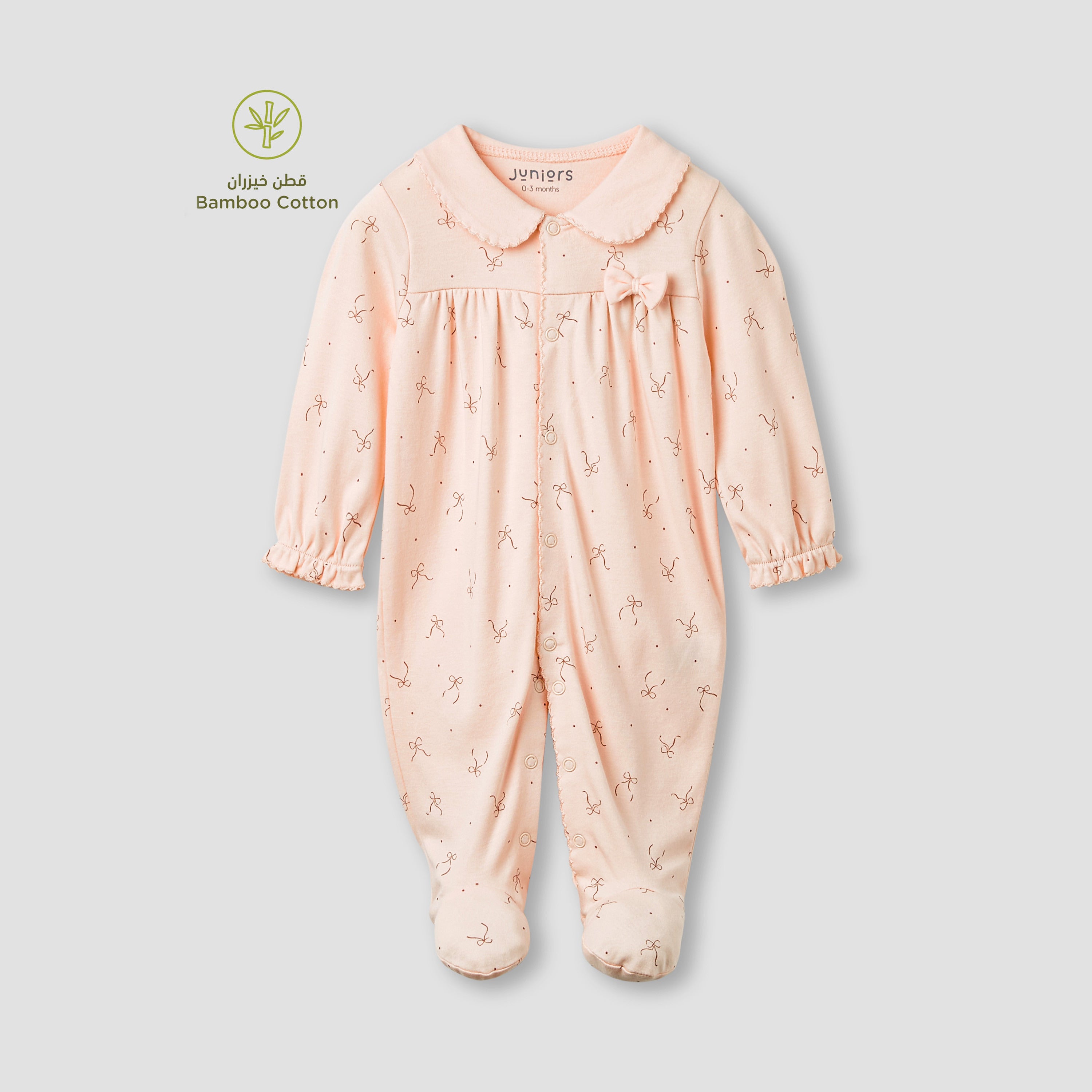 Juniors Bow Print Closed Feet Sleepsuit with Long Sleeves - Peach / 9-12 mths