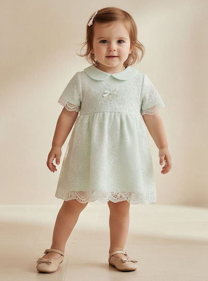 Giggles Peter Pan Collar Short Sleeves A-Line Dress with Lace Detail-baby-girls-clothing-dressesandjumpsuits-image-1