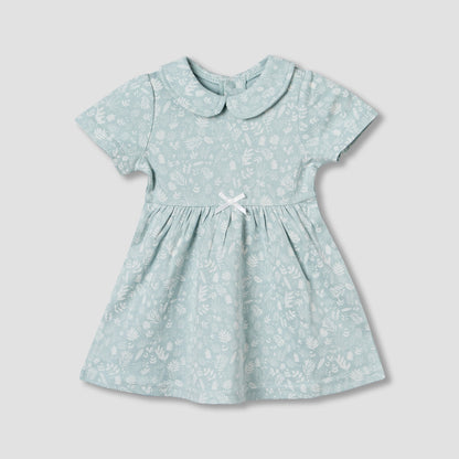 Juniors Peter Pan Collar Short Sleeve A-line Dress with Floral Print - Green / 12-18 mths