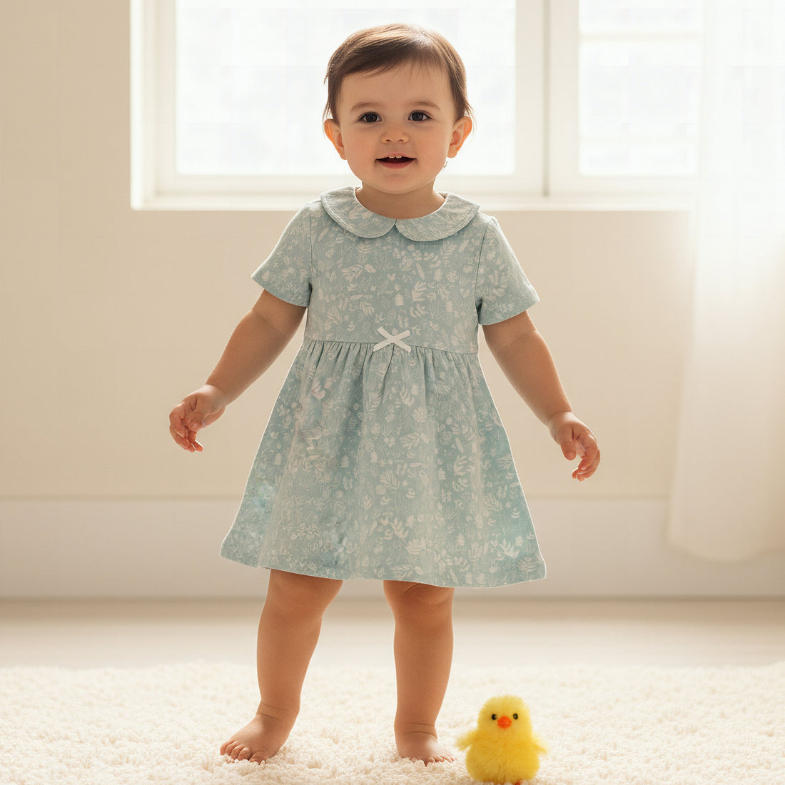 Juniors Peter Pan Collar Short Sleeve A-line Dress with Floral Print - Green / 12-18 mths