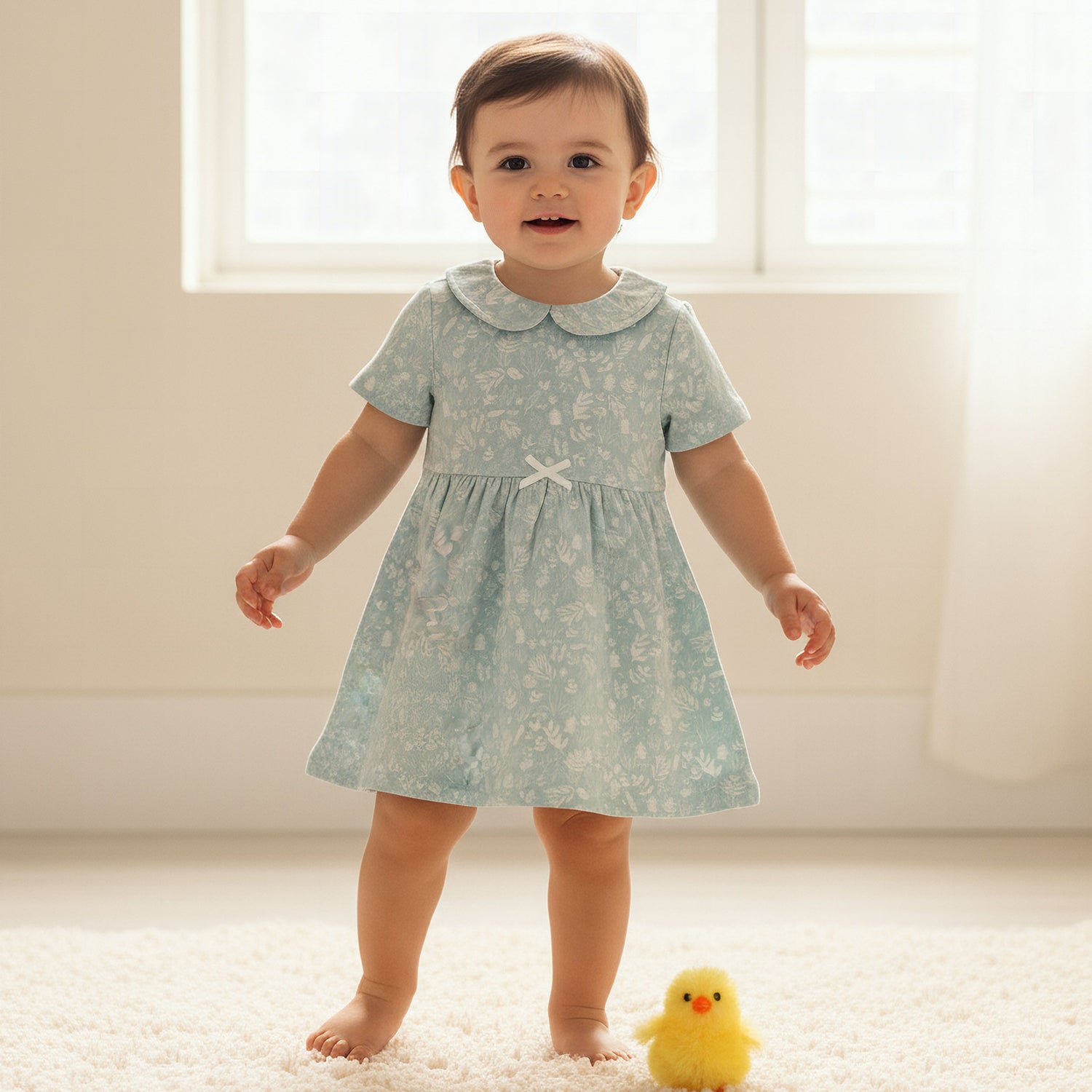 Juniors Peter Pan Collar Short Sleeve A-line Dress with Floral Print - Green / 12-18 mths