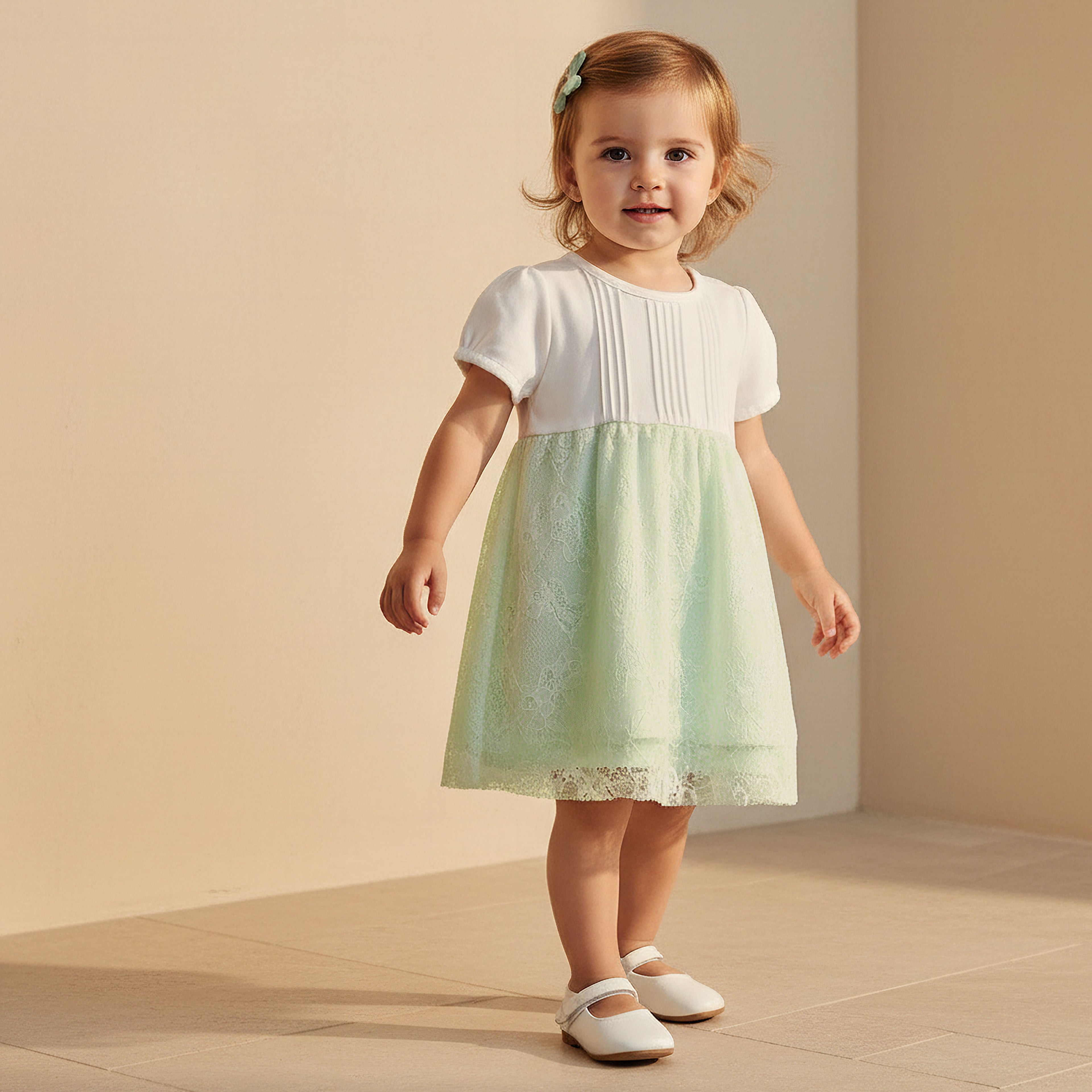Giggles Round Neck Short Sleeves A-Line Dress with Lace Detail - Green / 12-18 mths
