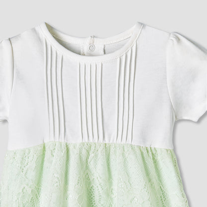 Giggles Round Neck Short Sleeves A-Line Dress with Lace Detail