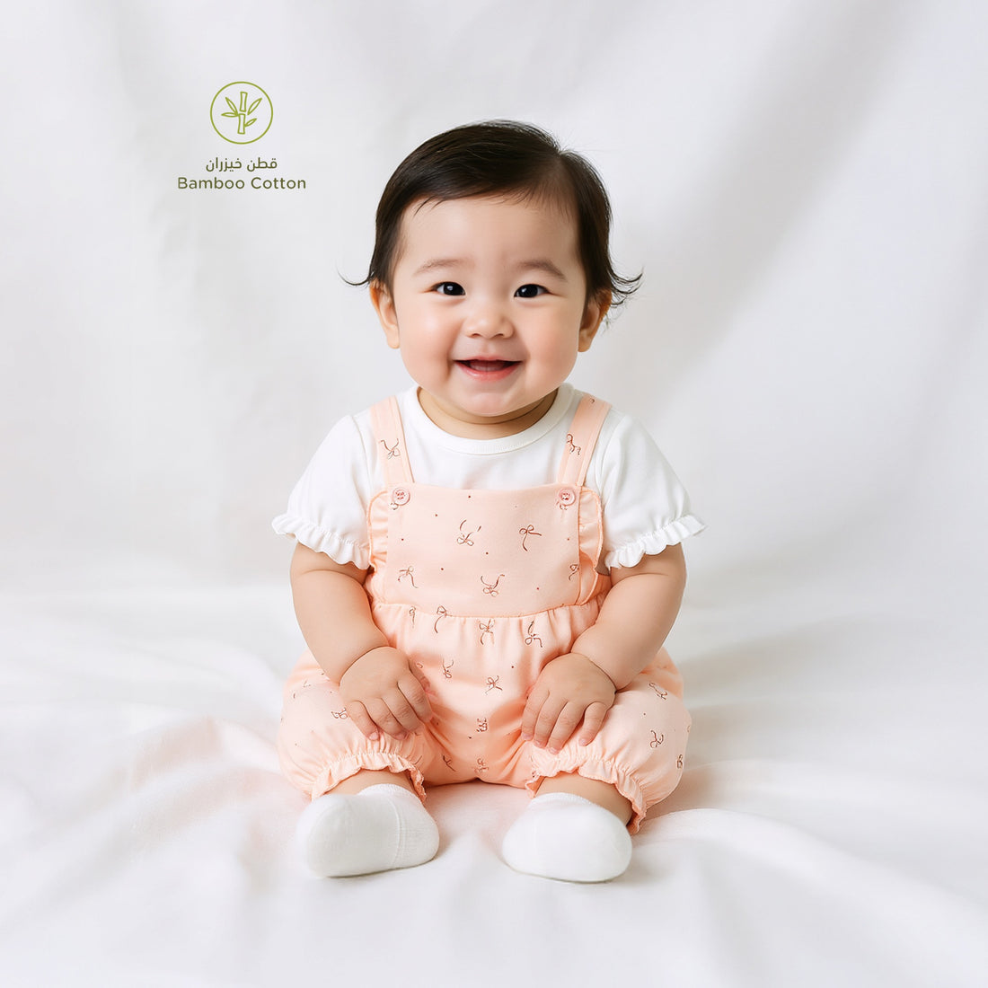 Juniors Solid Top and Bow Print Dungaree Set - Peach / 12-18 mths