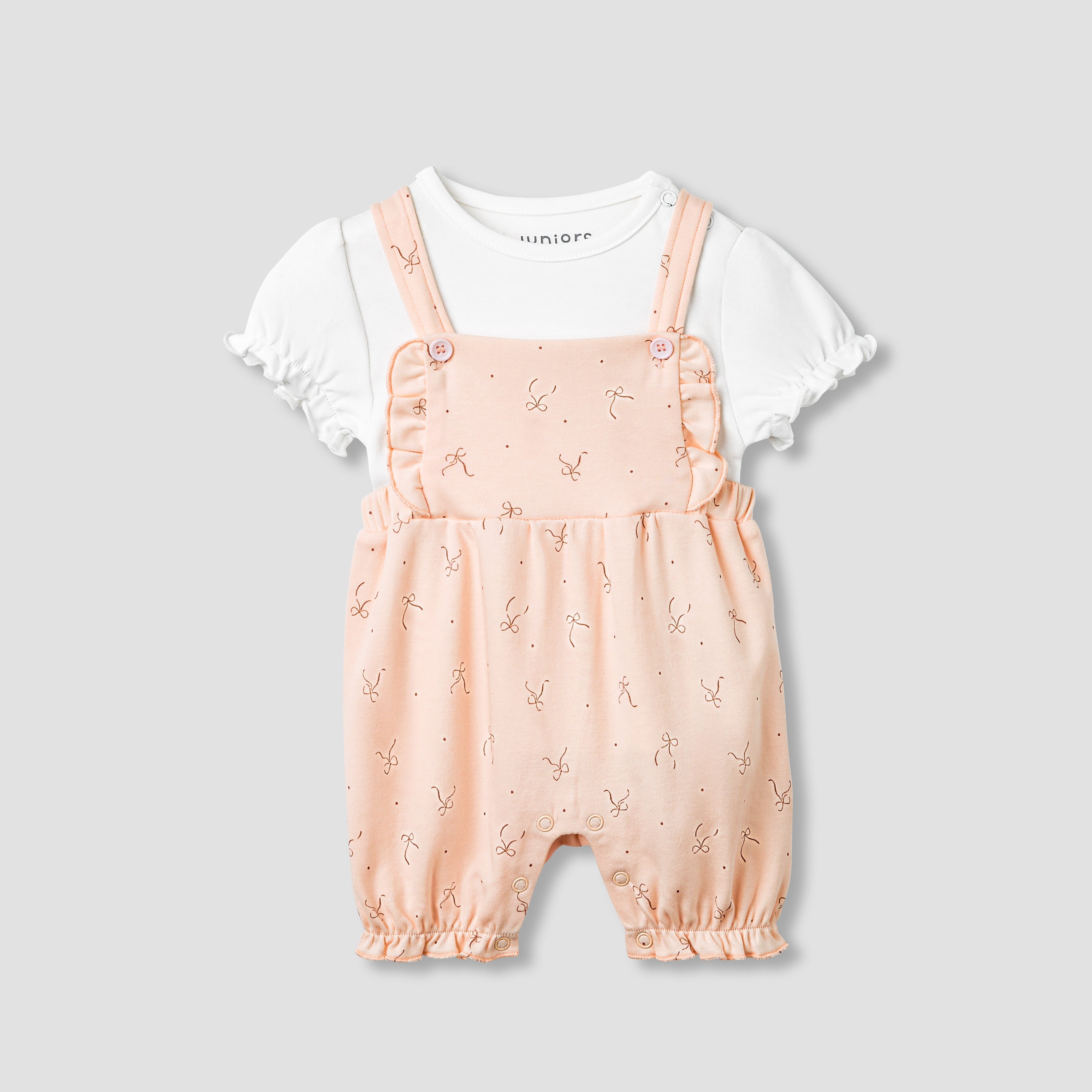 Juniors Solid Top and Bow Print Dungaree Set