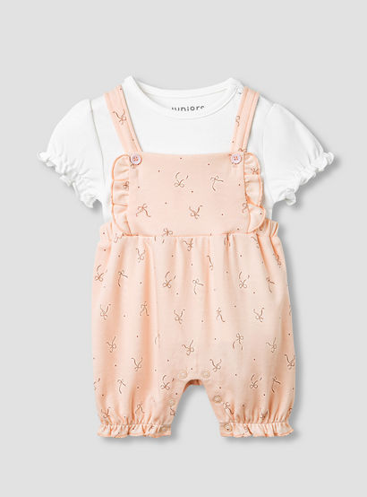Juniors Solid Top and Bow Print Dungaree Set-baby-girls-clothing-nightwear-sleepsuits-image-2
