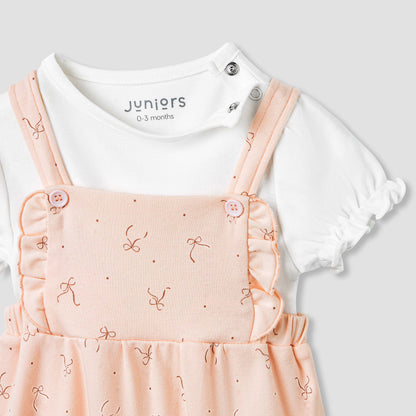 Juniors Solid Top and Bow Print Dungaree Set