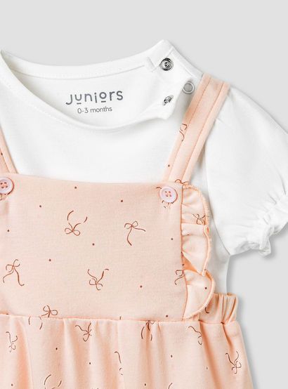 Juniors Solid Top and Bow Print Dungaree Set-baby-girls-clothing-nightwear-sleepsuits-image-5