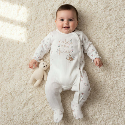 Juniors Cotton Round Neck Long Sleeves Sleepsuit with Floral Print - White / 9-12 mths