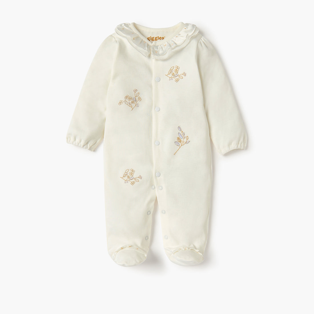 Giggles Embroidered Closed Feet Sleepsuit with Long Sleeves - Cream / 12-18 mths