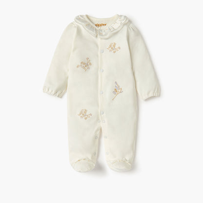 Giggles Embroidered Closed Feet Sleepsuit with Long Sleeves - Cream / 12-18 mths