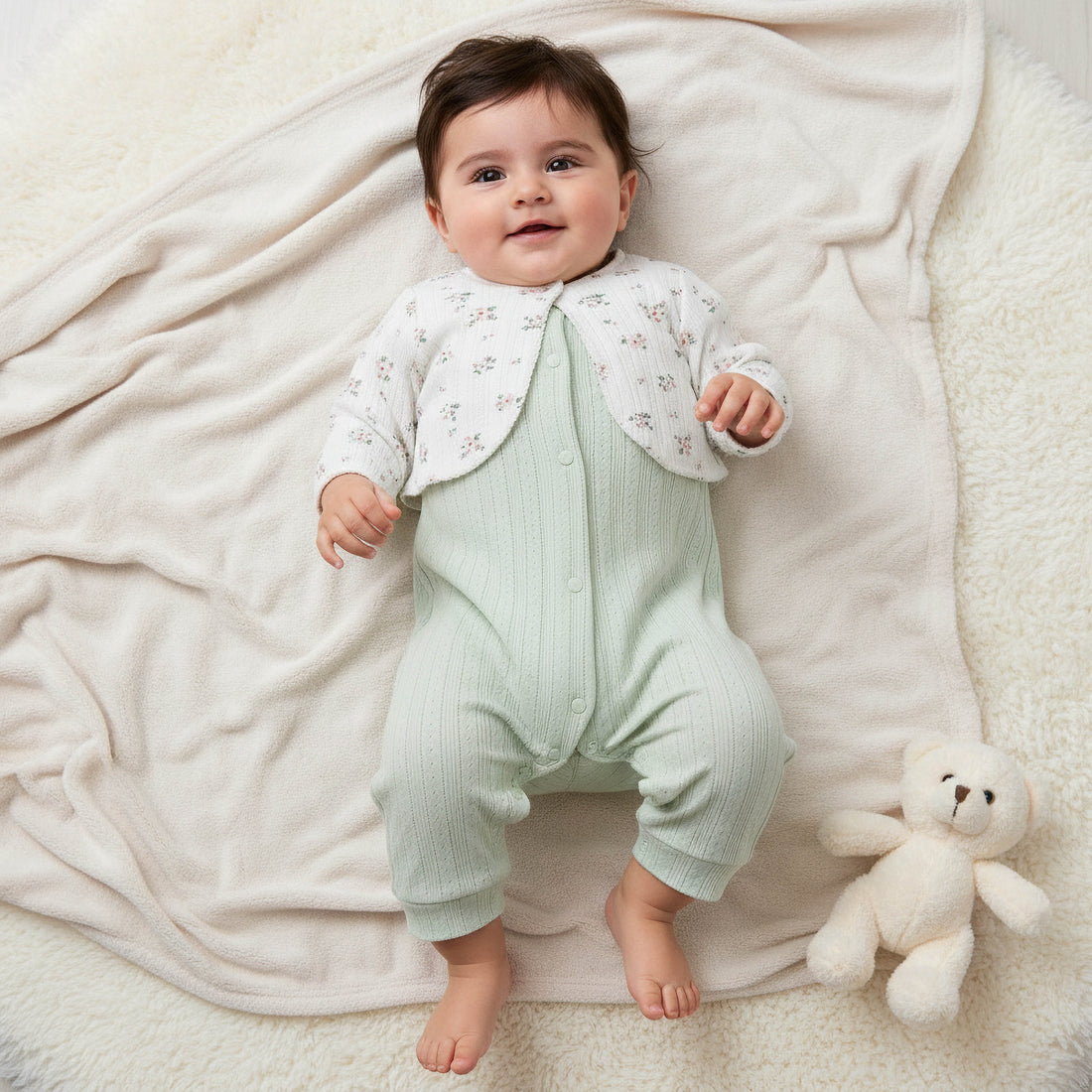 Juniors Cotton Round Neck Long Sleeves Sleepsuit with Floral Print - Green / 12-18 mths