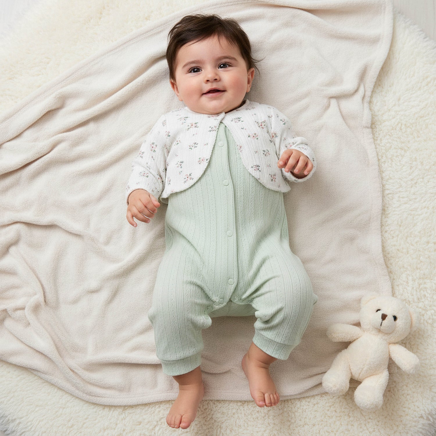 Juniors Cotton Round Neck Long Sleeves Sleepsuit with Floral Print - Green / 12-18 mths