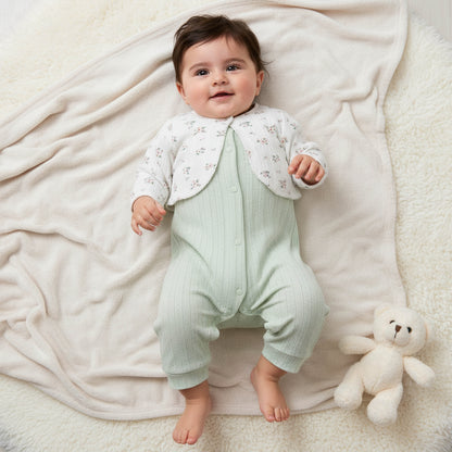 Juniors Cotton Round Neck Long Sleeves Sleepsuit with Floral Print - Green / 12-18 mths