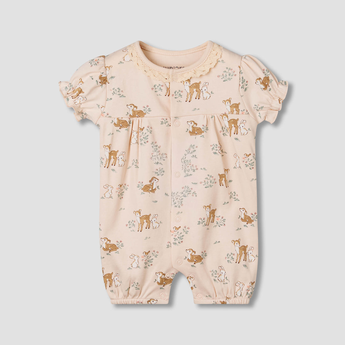 Juniors Cotton Short Sleeves Romper with Deer Print - Pink / 12-18 mths