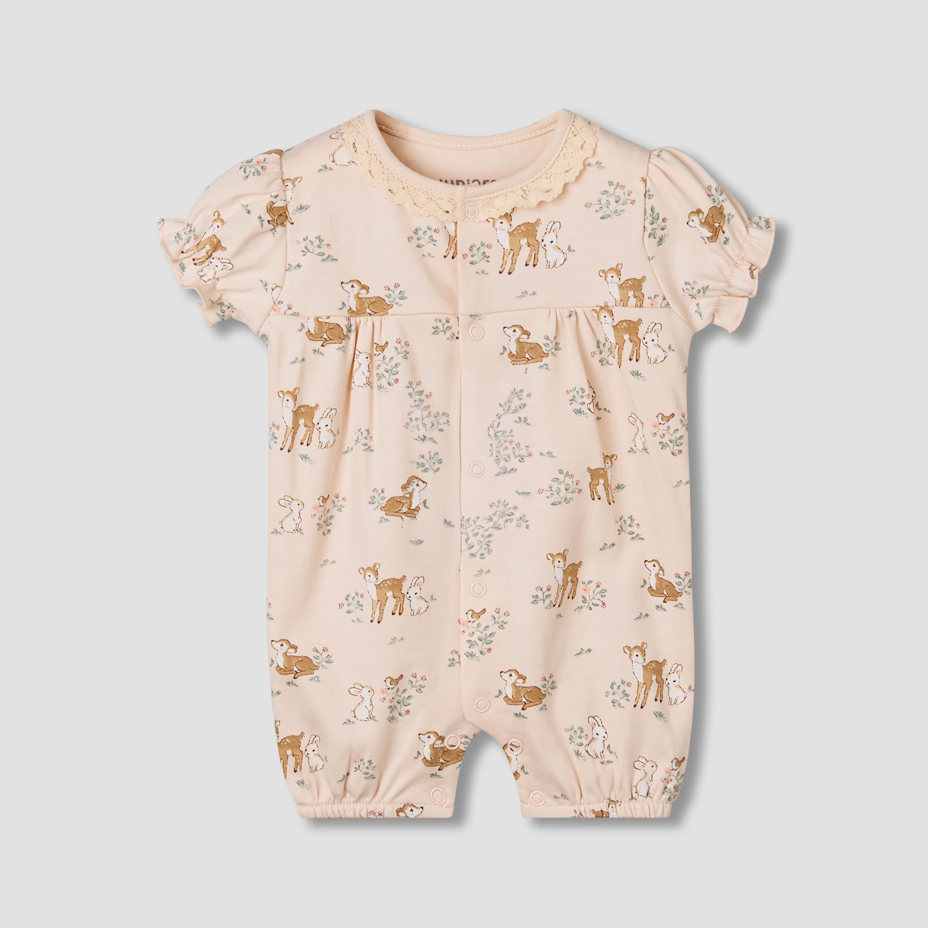 Juniors Cotton Short Sleeves Romper with Deer Print - Pink / 12-18 mths